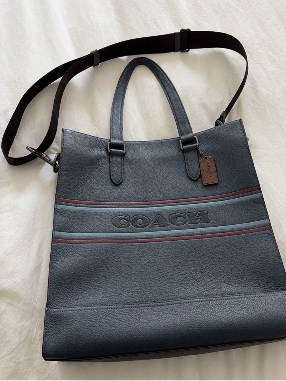 Coach Men's Pebbled Leather Messenger Tote in Charcoal with Brown Trim